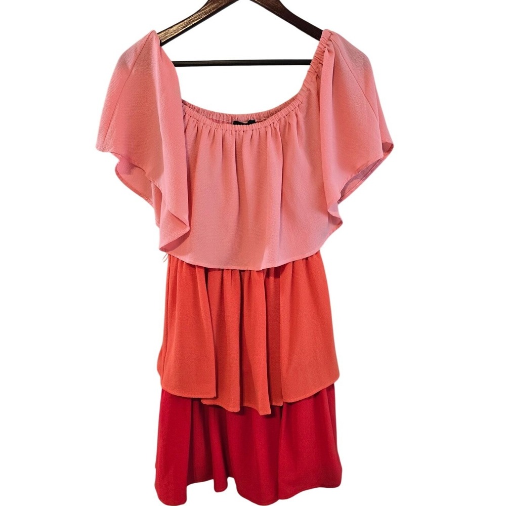 Vici Tiered Off-Shoulder Colorblock Dress Size M Pink Orange Red Polyester Spand